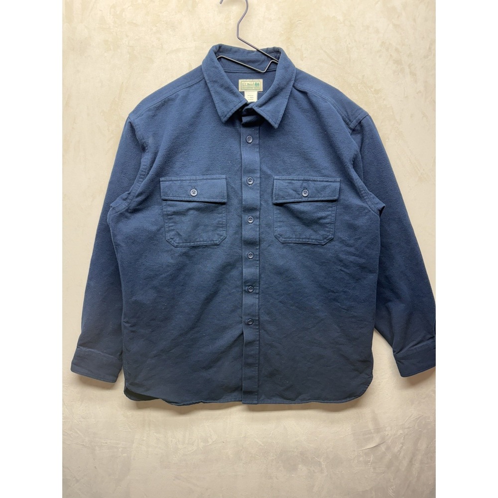 LL Bean Chamois Shirt Mens Large Navy Blue Heavyweight Cotton Double Pocket Camp